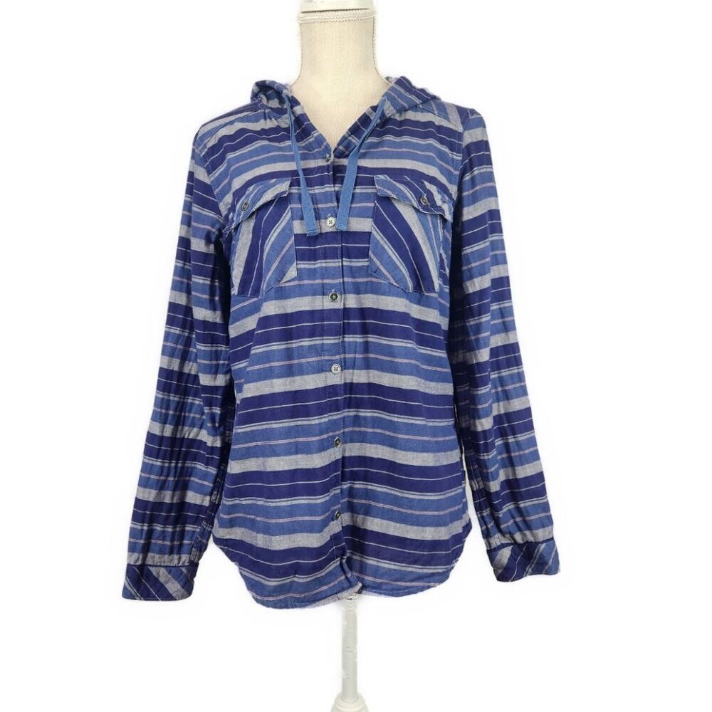 Columbia Button up Hooded Shirt Women's S Blue Stripe Roll Tab Long Sleeve